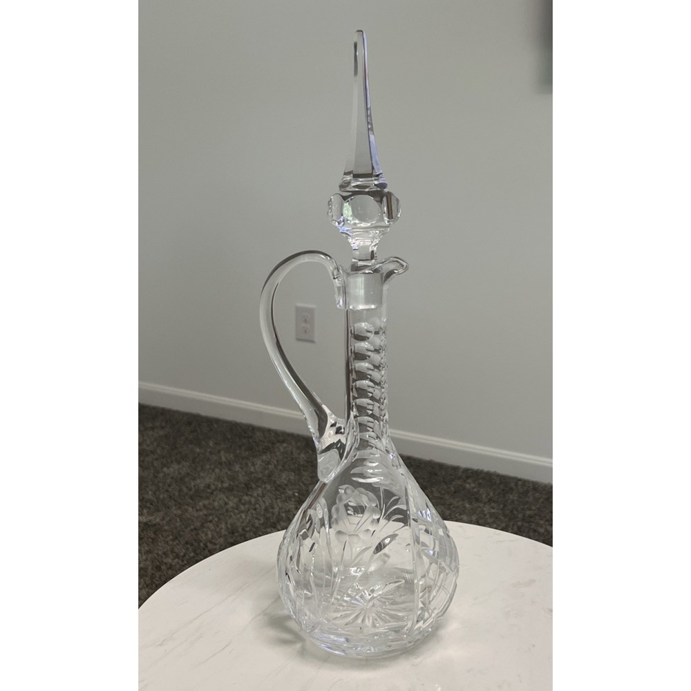 Vintage Crystal Decanter With Stopper Heavy Cut Glass 16.5"‎ Etched Floral